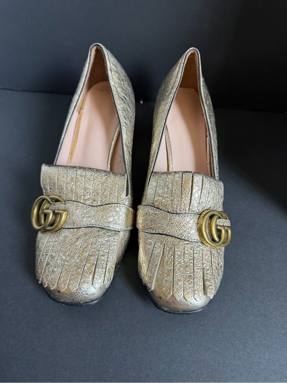 Gucci Metallic Gold Tassel Loafers with Block Heel